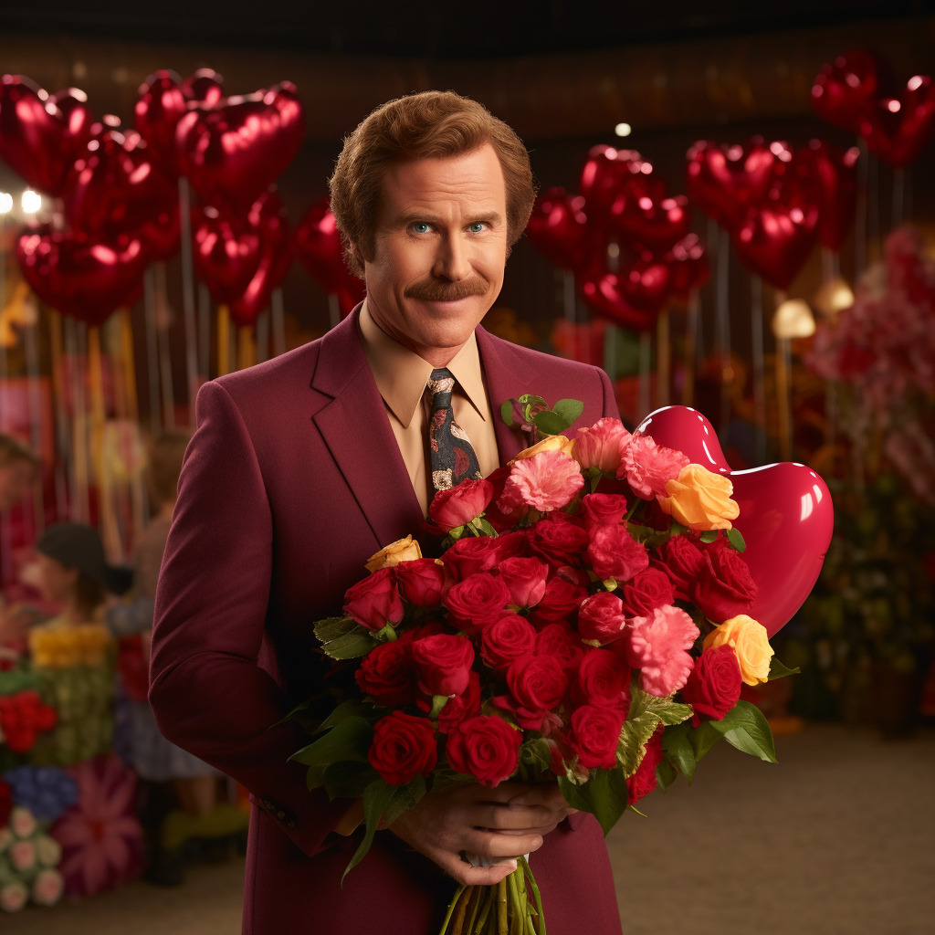 Will Ferrell as Ron Burgundy holding roses