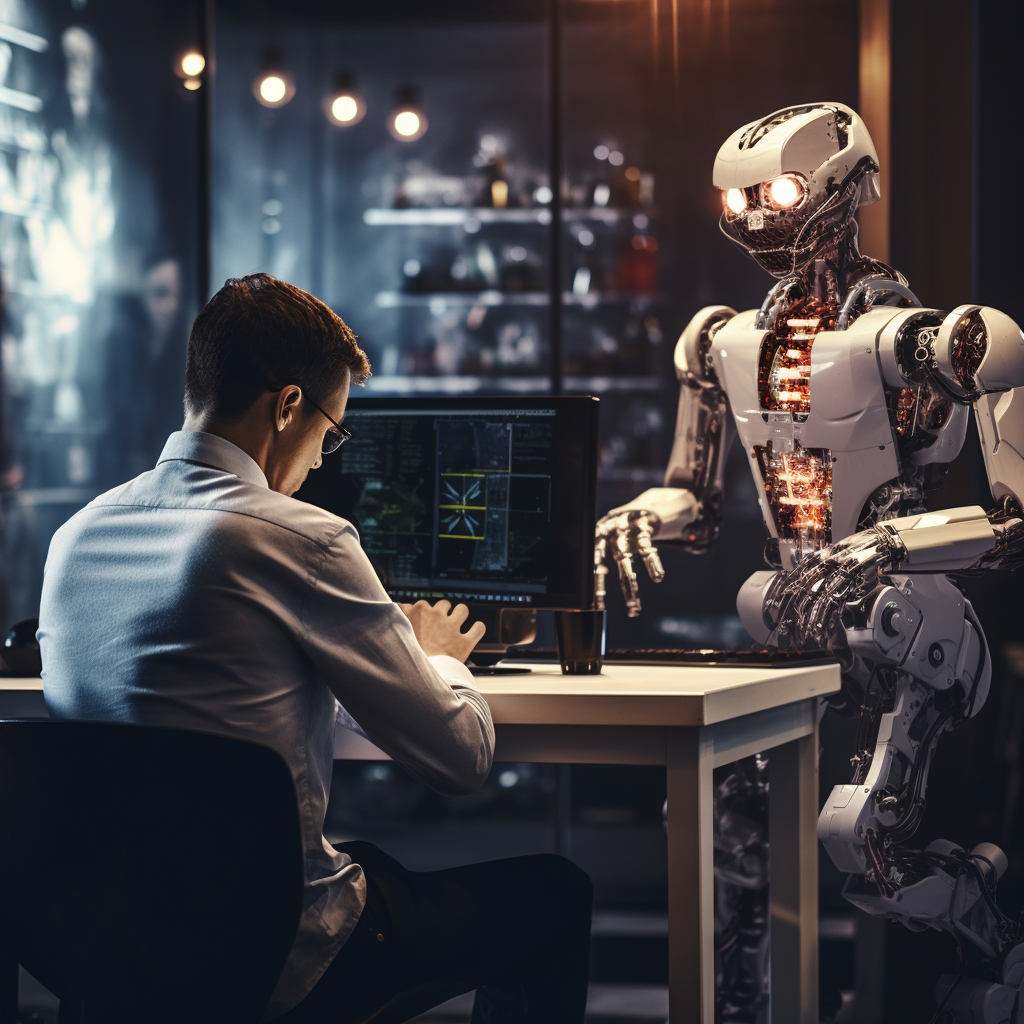 Developer assisted by humanoid in front of computer