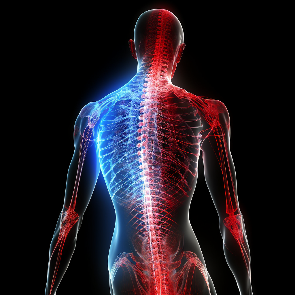 A blue and red x-ray image depicting back pain