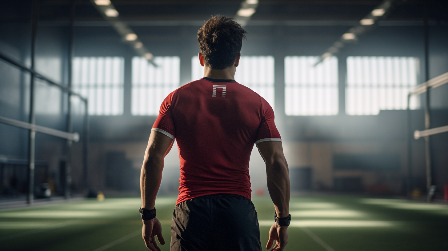 Young football player in training room