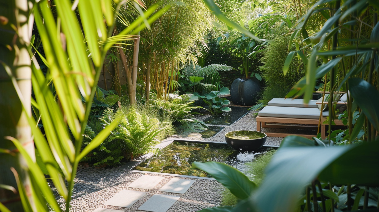 Tropical Design Garden with Water Feature and Lush Foliage