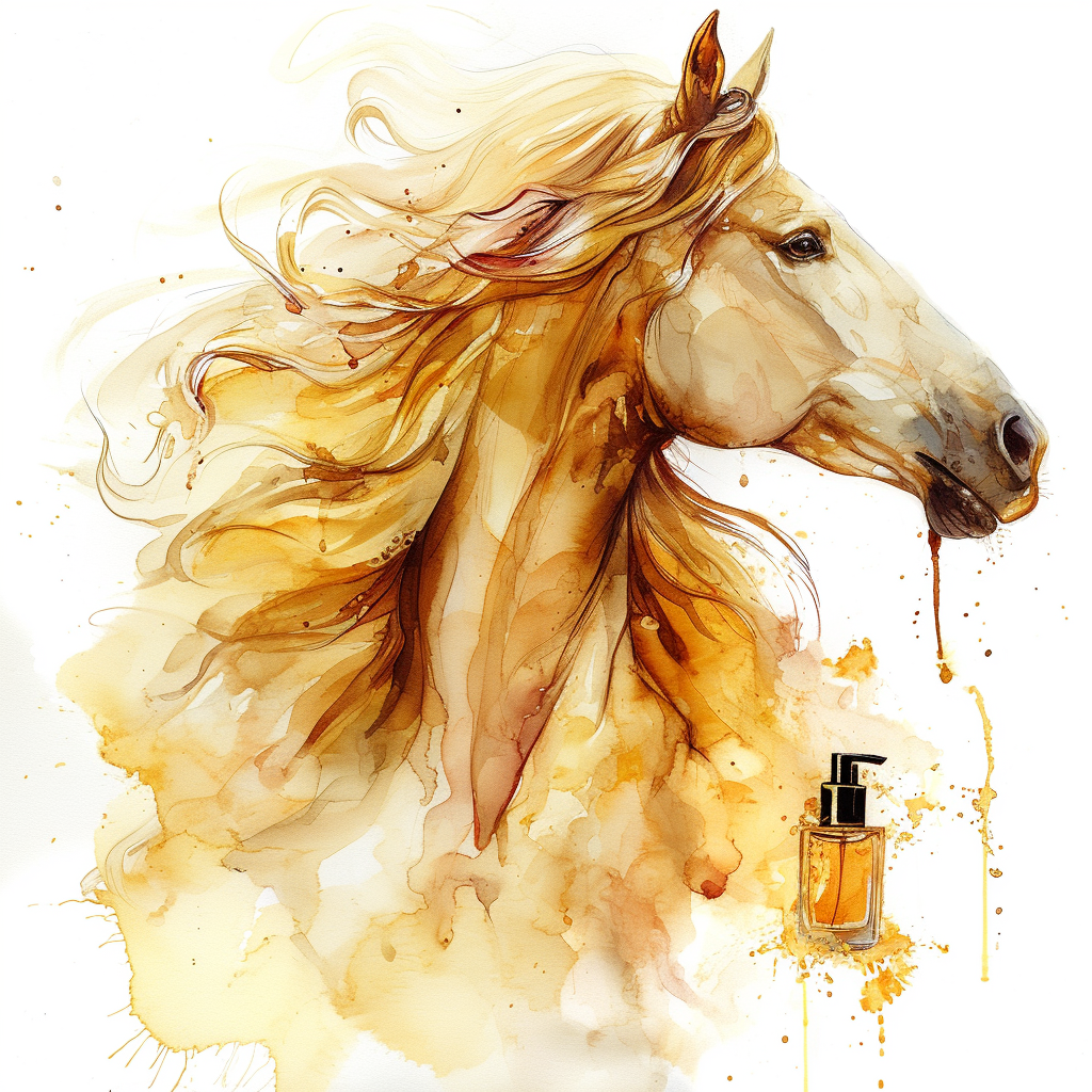 Beautiful perfume with golden-haired horse on white background