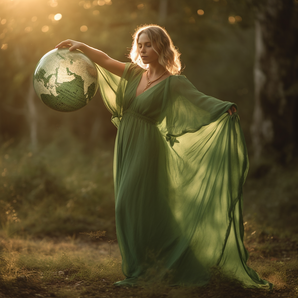 Woman lifting a globe in a backlit green dress