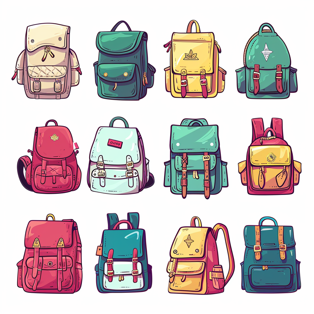 Colorful backpacks in cartoon style