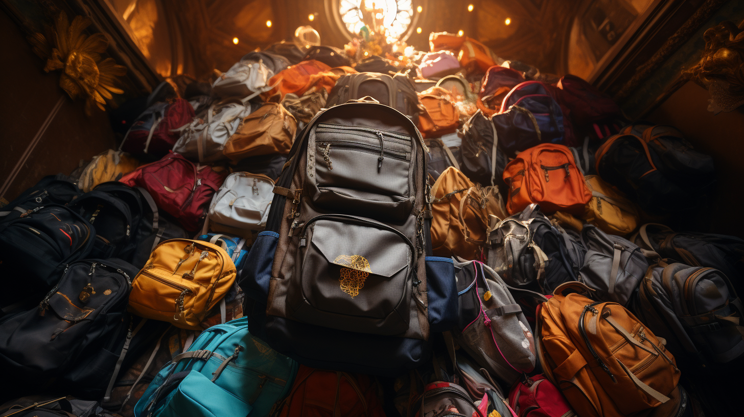 Assorted backpacks with glowing golden backpack