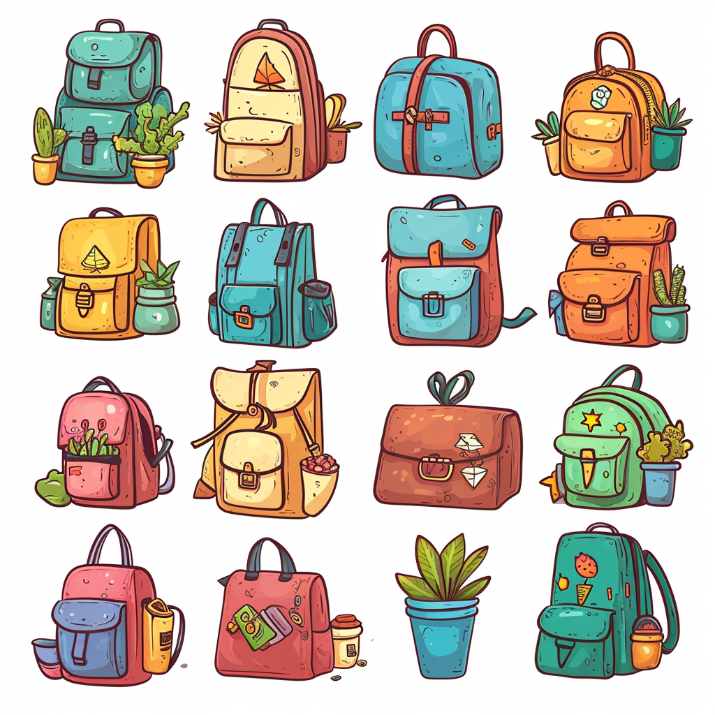 Cartoon style backpacks and pots