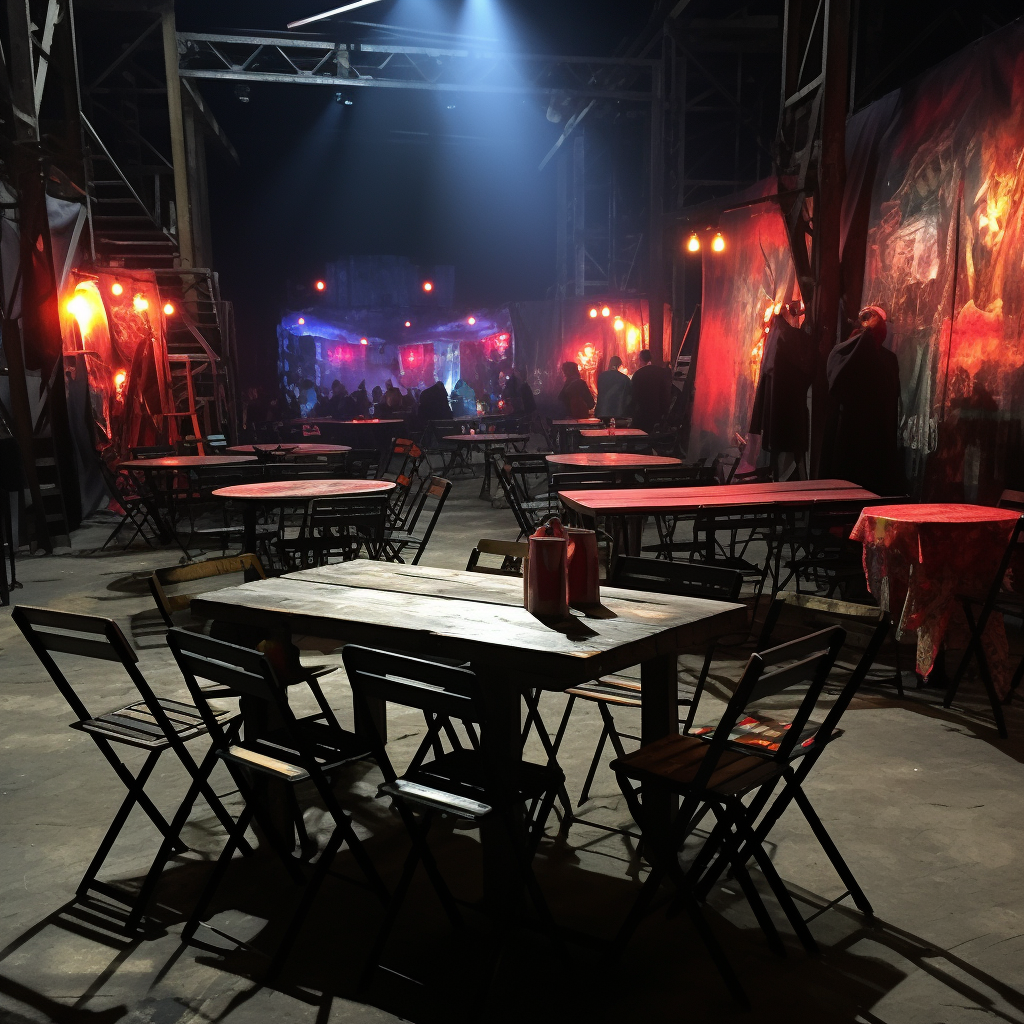 Tables and chairs in backstage holding area