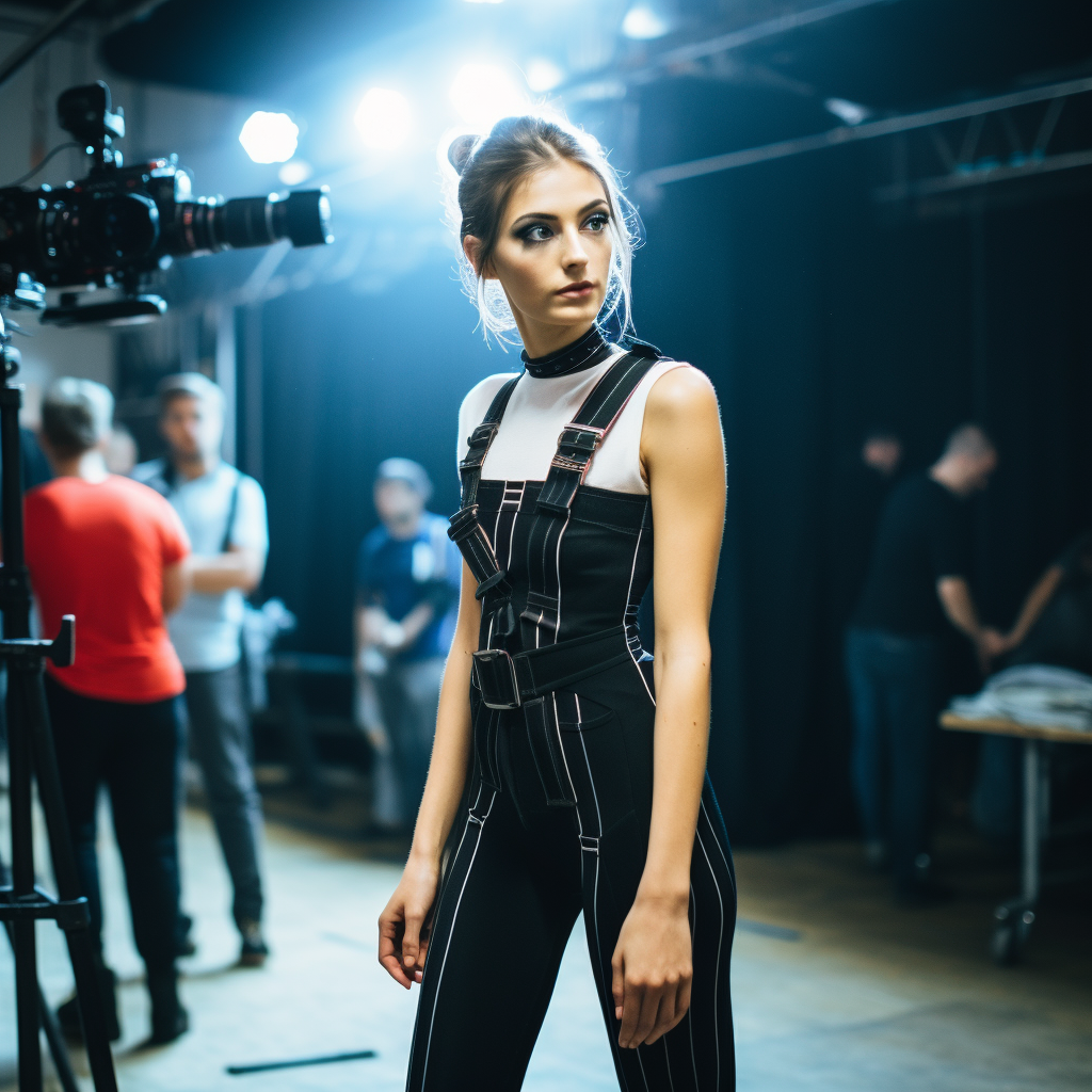 Female model practicing respiration exercise backstage