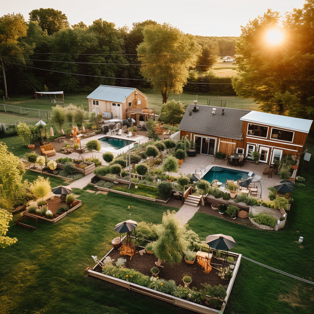 Aerial view of a charming backyard with farmhouse and animals