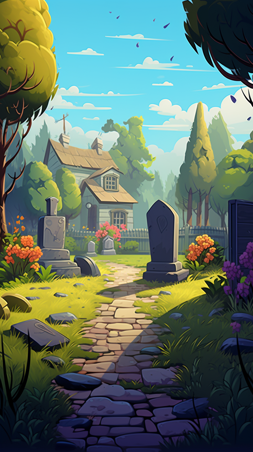 Cartoon of Backyard with Flowers and Gravestone