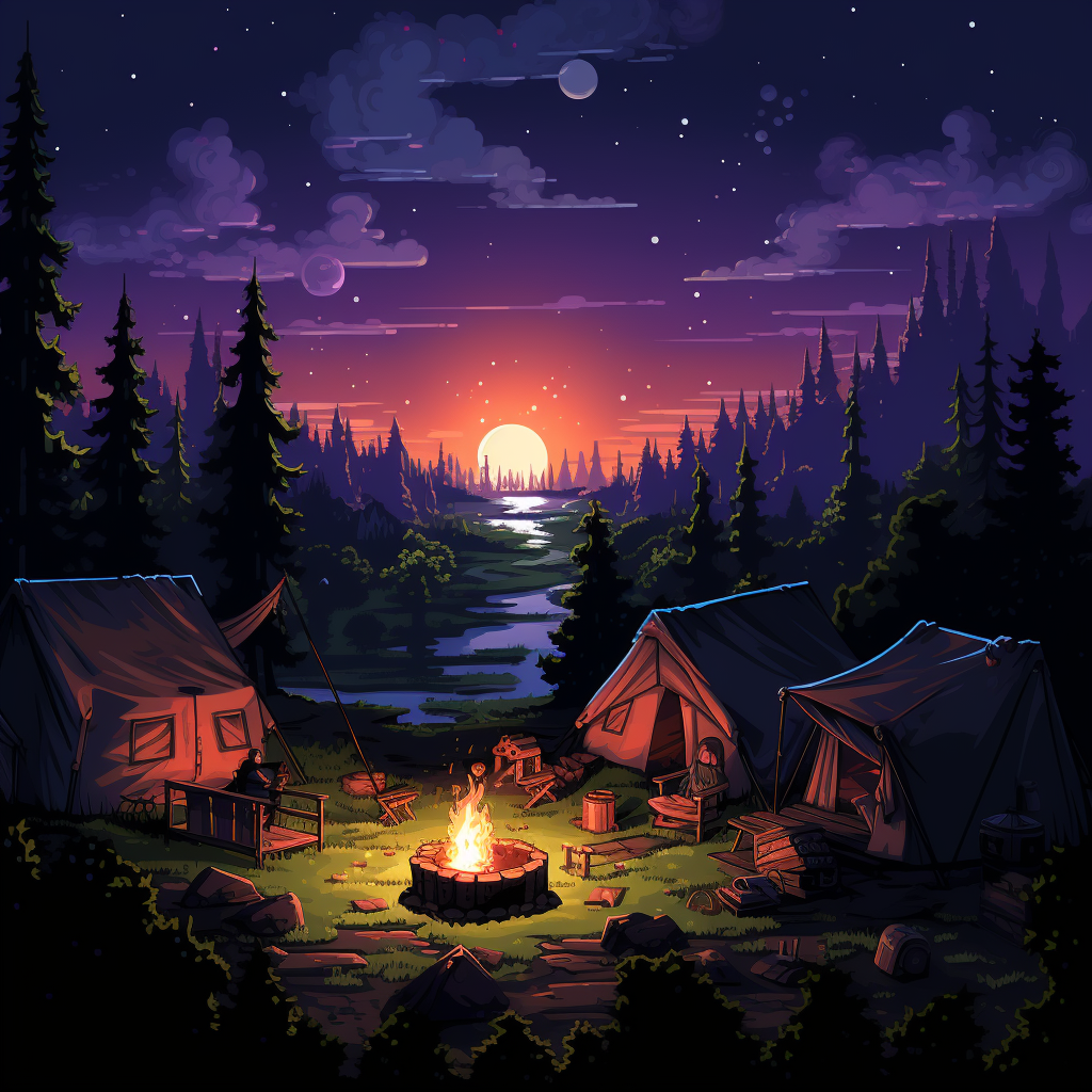 Pixelated tents and campfire in the backyard