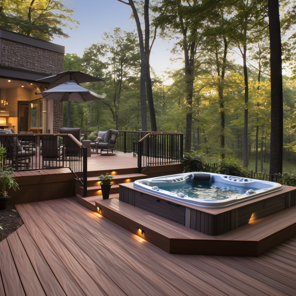 Luxurious hot tubs on a peaceful backyard deck