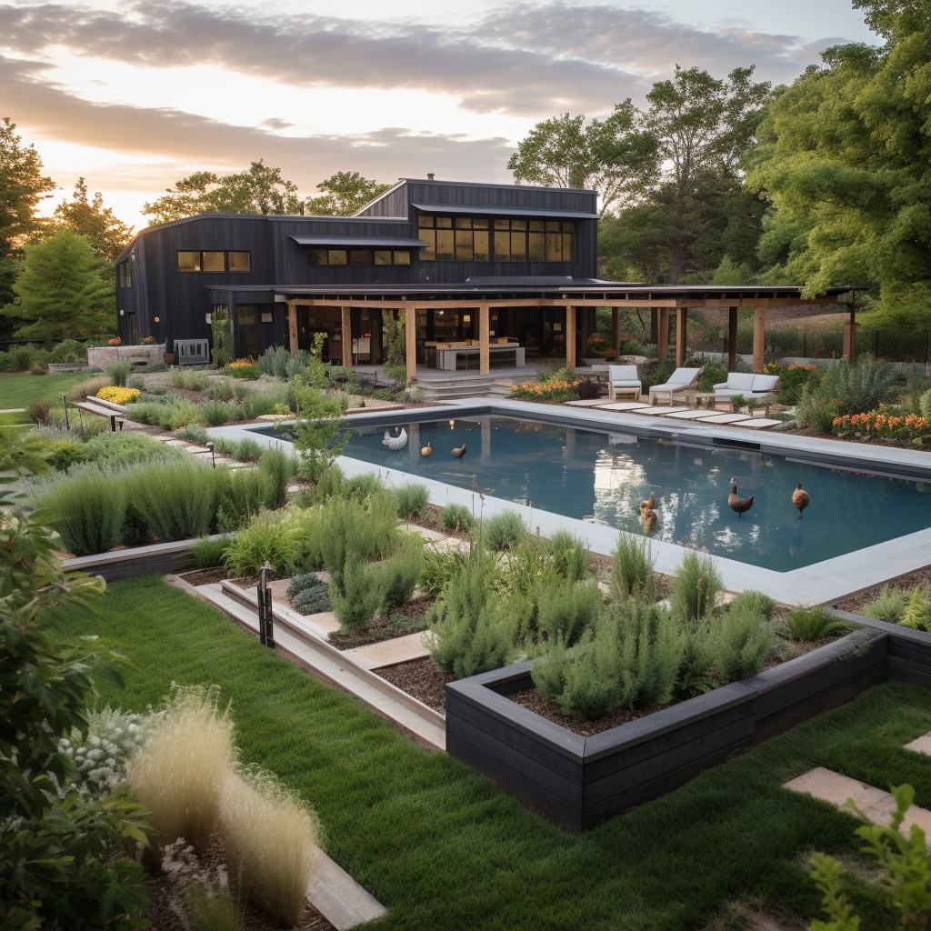 Large backyard with pool, chicken coop, and garden