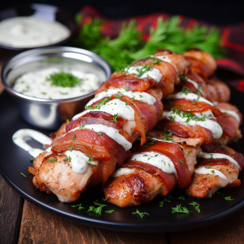 Bacon-wrapped chicken tenders with ranch sauce