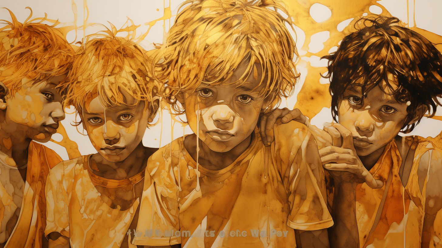 Playful bad kids drawing with gold colors