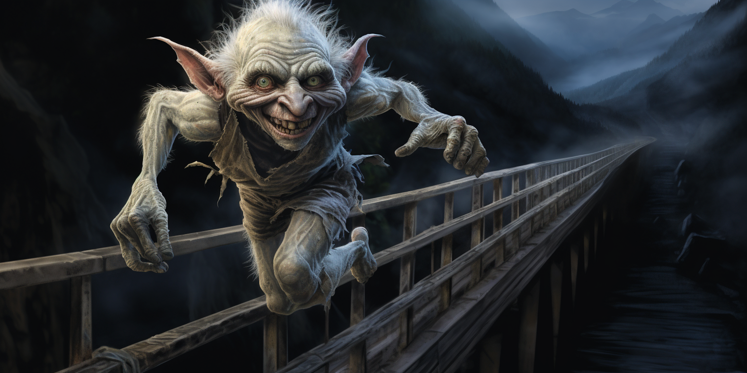 Detailed image of a bad troll running with an elf on a blanche pont nuit bridge.