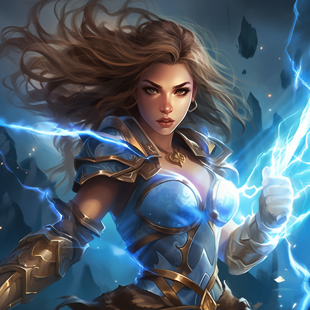 Female fantasy fighter with spear and lightning