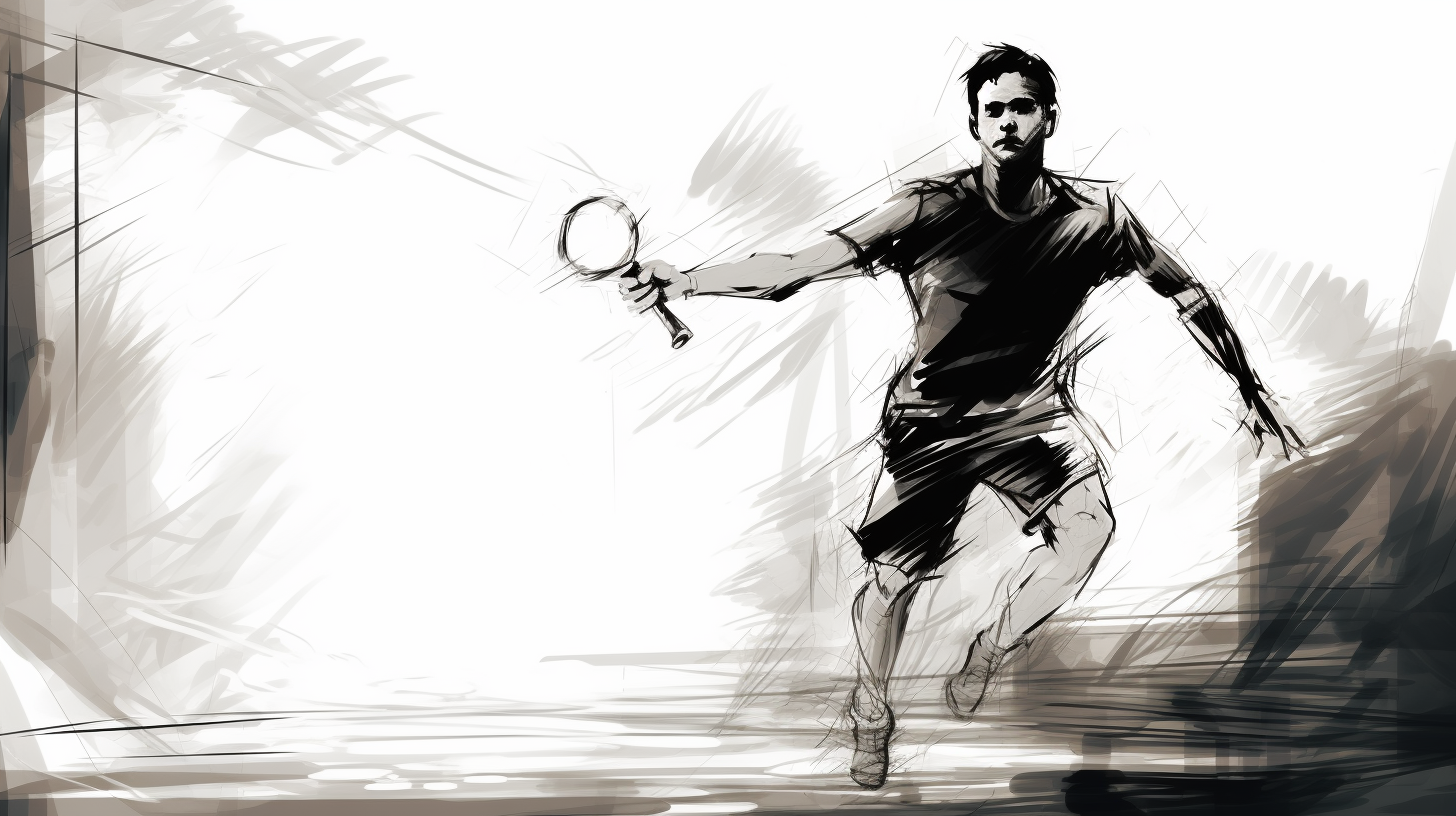 Black and white illustration of badminton player being interviewed