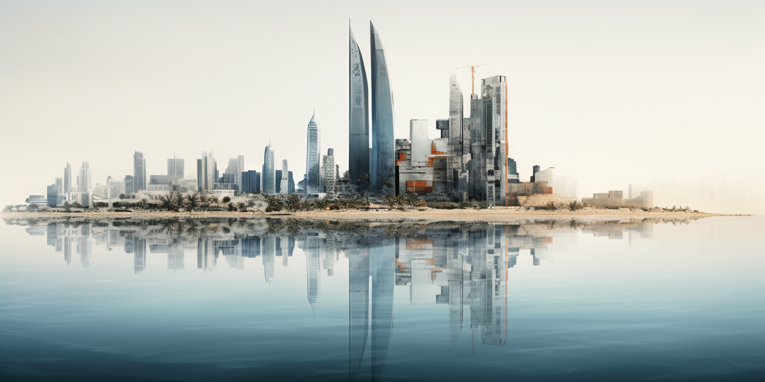 Minimalist double exposure of Bahrain World Trade Center with DNA structure