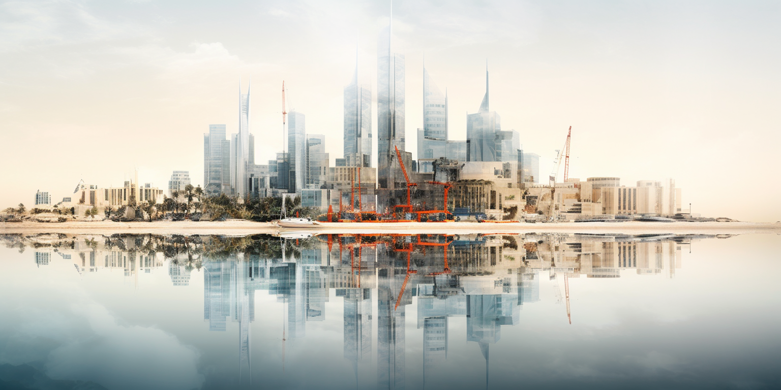 Minimalist double exposure poster of Bahrain World Trade Center with DNA structure