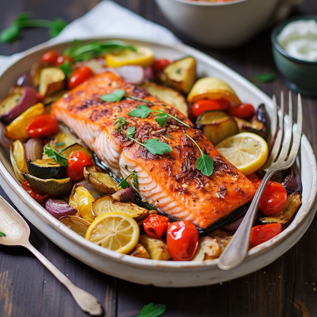 Baked salmon with roasted vegetables dish