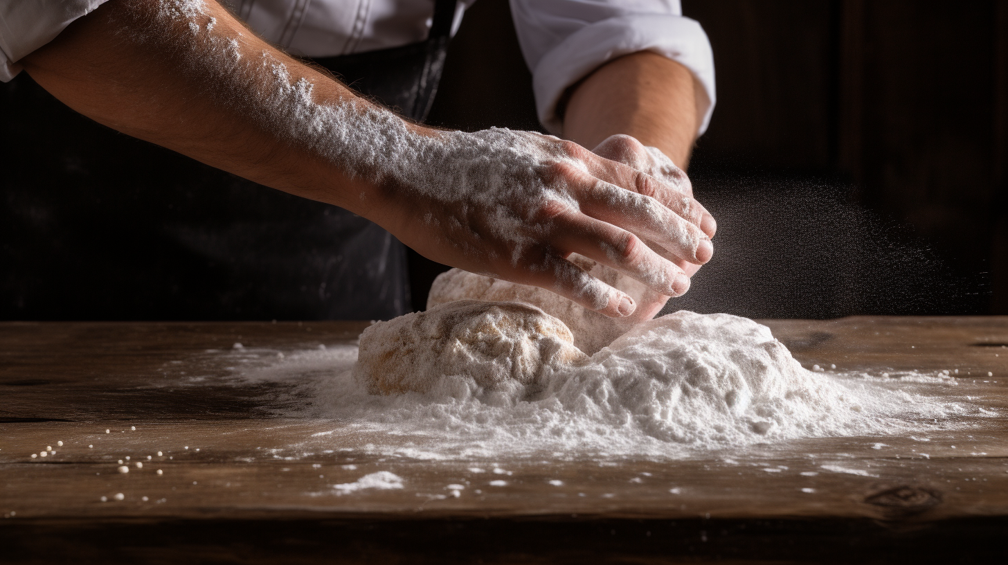 Baker's hand sprinkling salt over dough