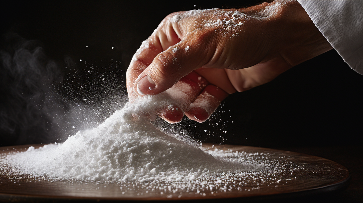 Baker's hand sprinkling salt on dough