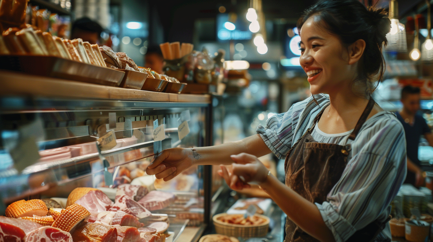 Bakery attendant serving ham customer