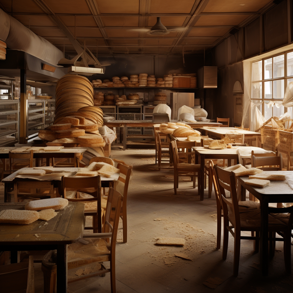 Unused furniture stored inside a bakery