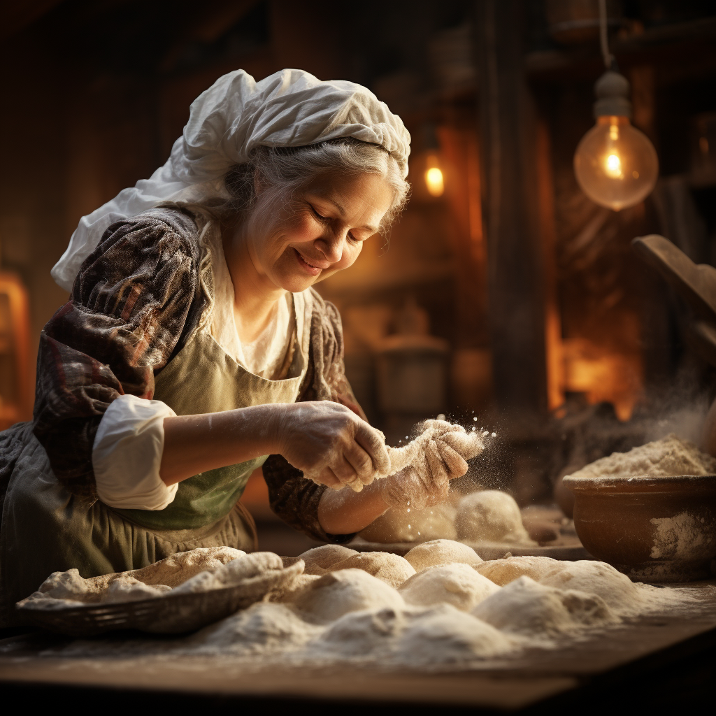 Grandmother kneading dough in bakery  ?