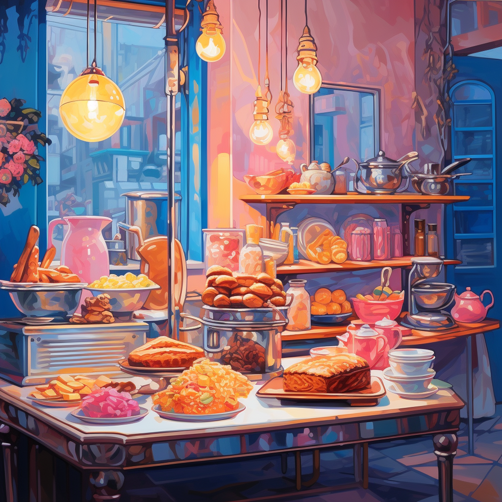 Colorful bakery kitchen with baking tools