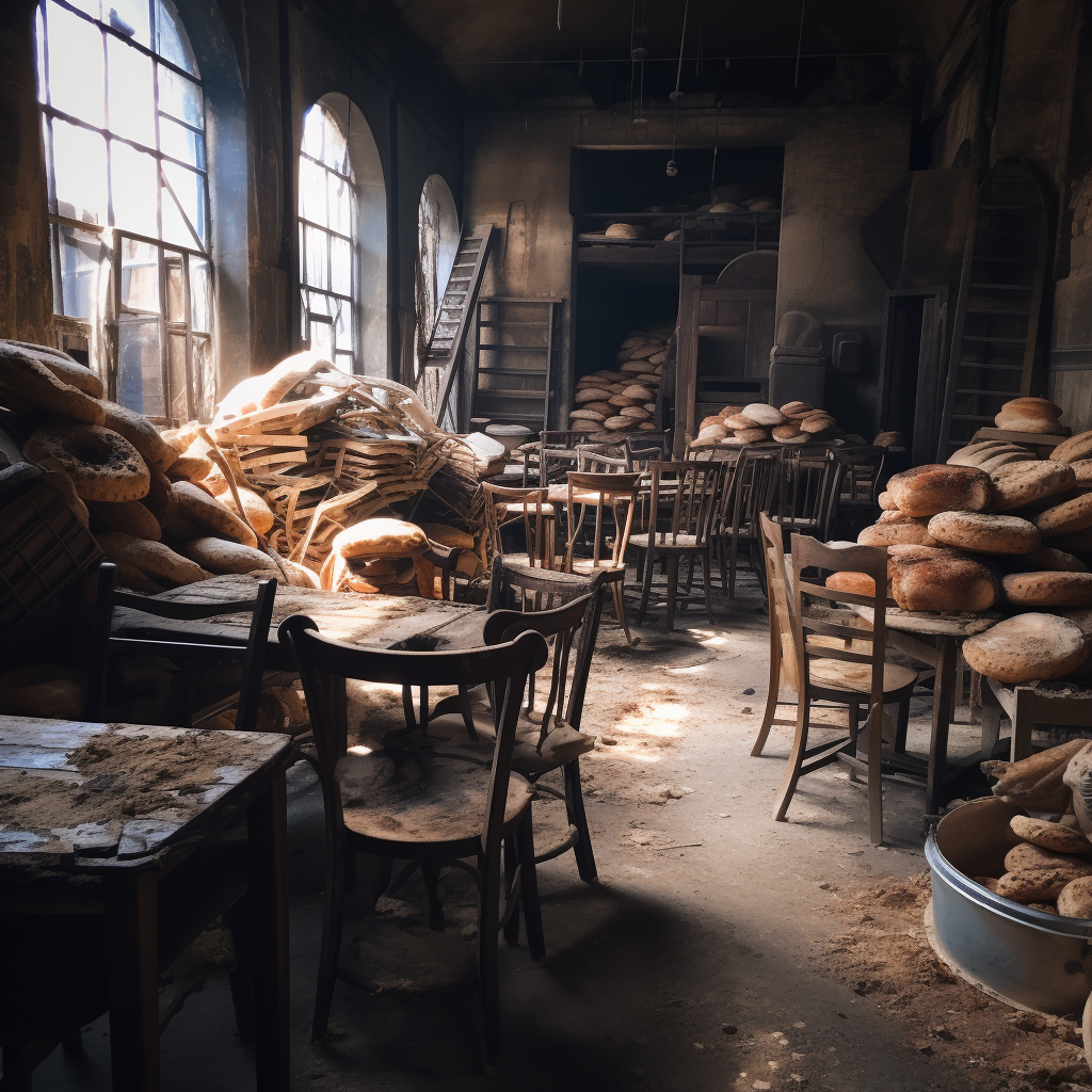 Unused furniture piled up in bakery interior