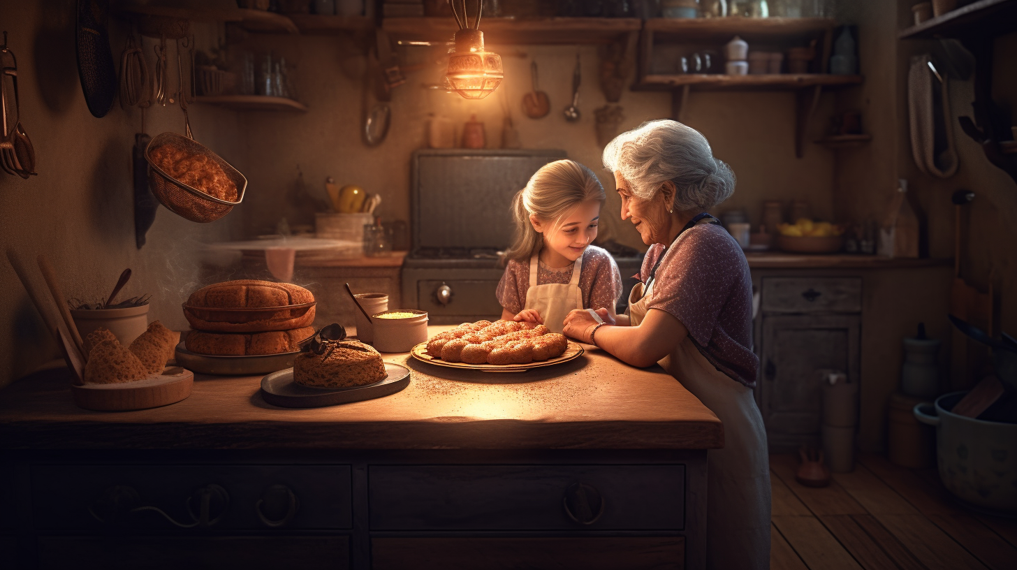 Little girl and her grandma baking cookies