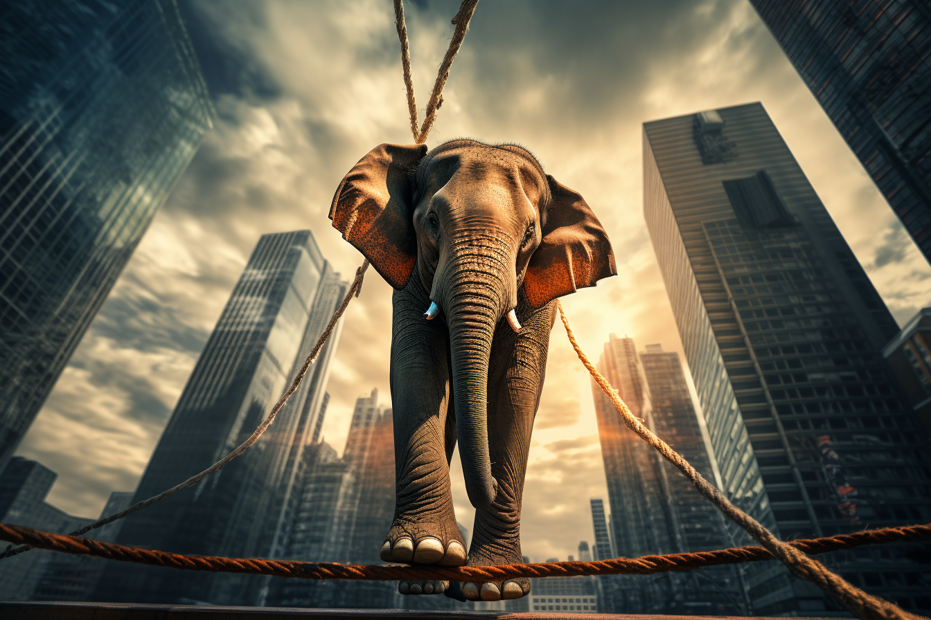 Elephant balancing on rope between skyscrapers