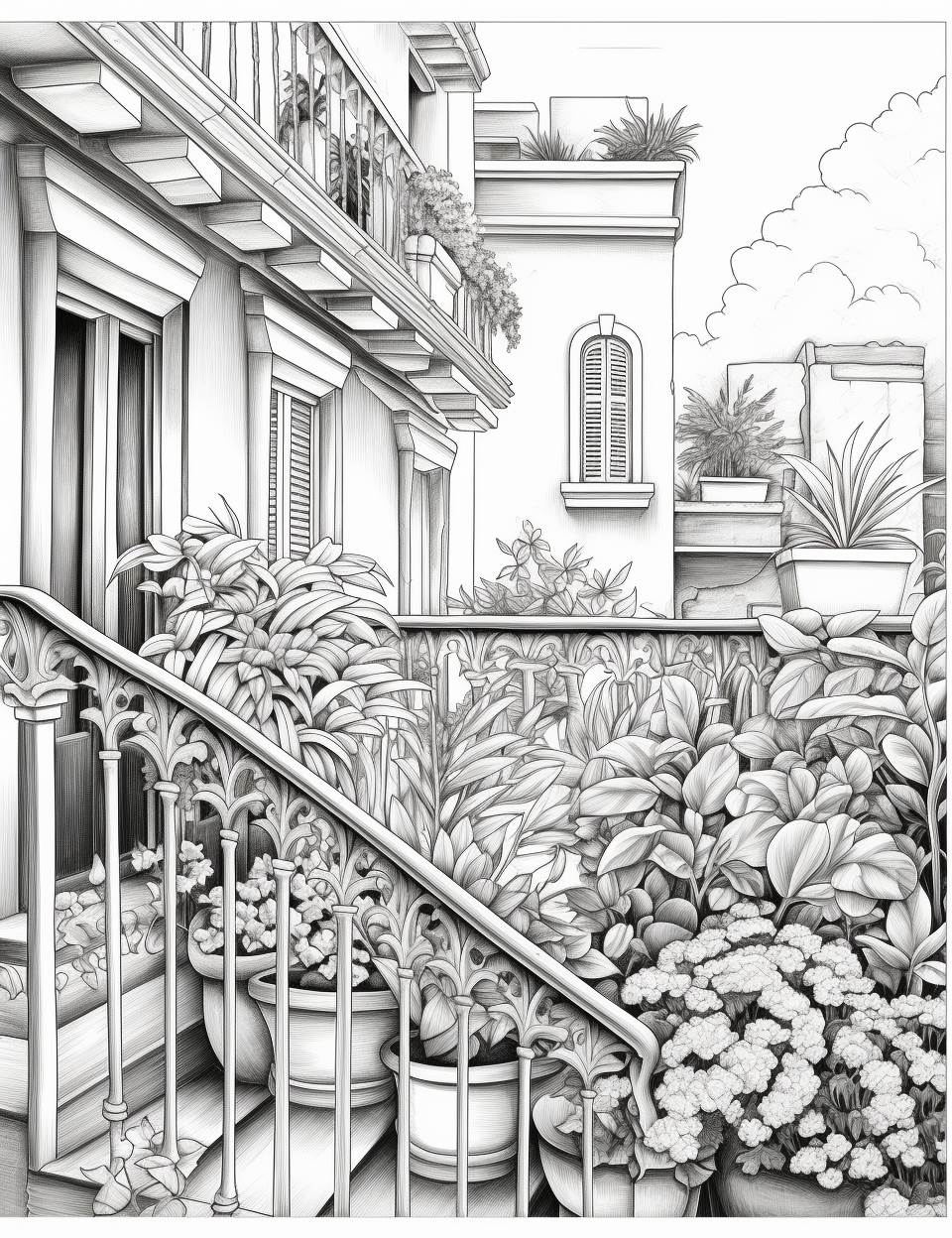 Adult Coloring Page of a Balcony Garden