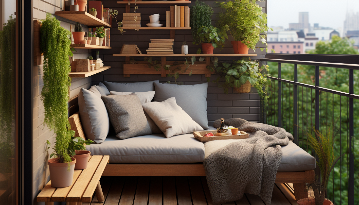 Cozy balcony with books and seating