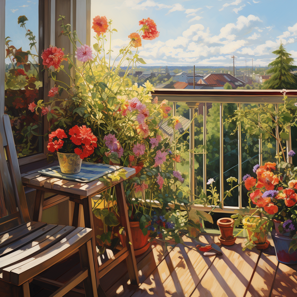 Balcony View with Flowers, Insects and Chair