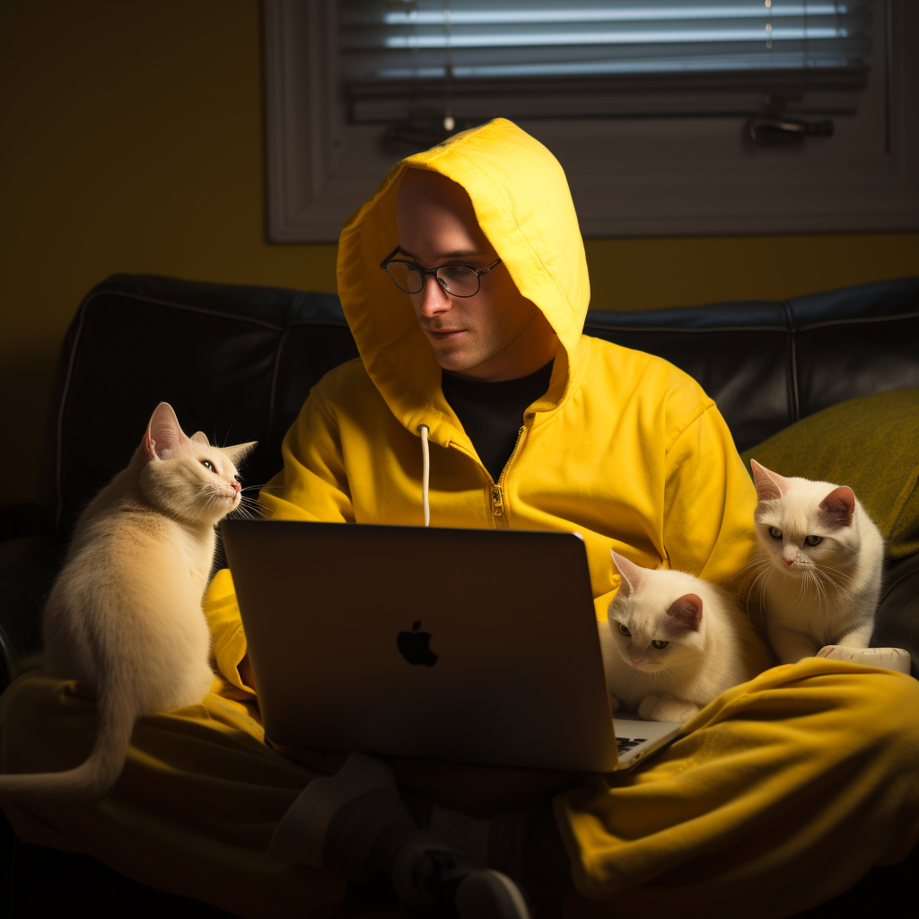 Bald Andrew coding with his adorable kitties