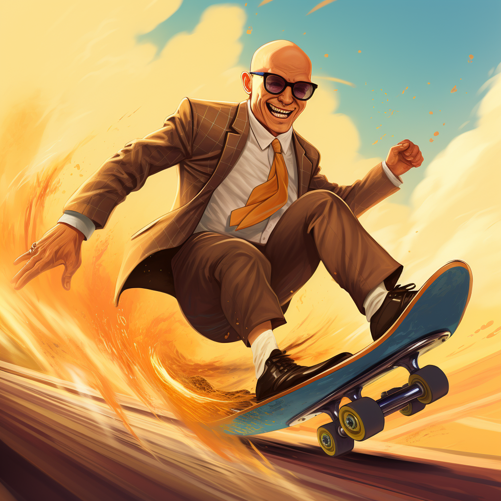 Bald business man riding skateboard