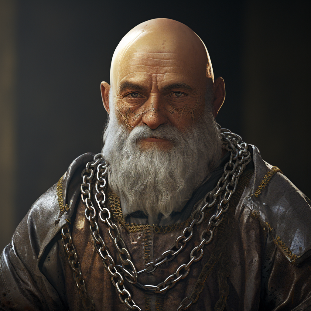 Bald Clerical Dwarf in Chainmail with White Hair and Beard