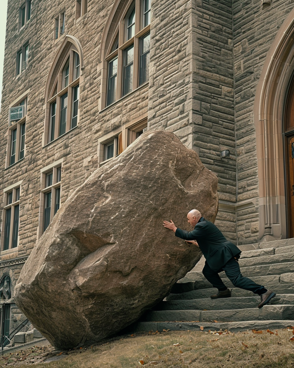 Bald College Professor Pushing Rock