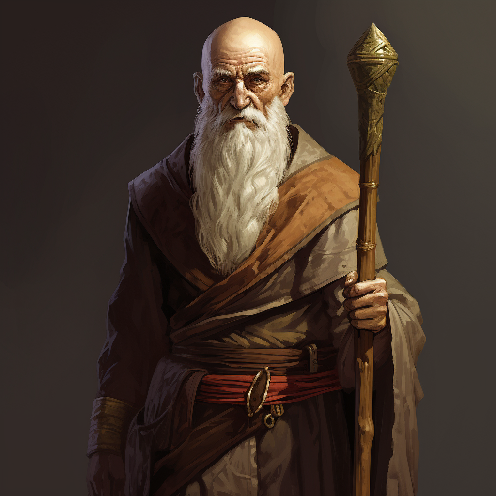 Elderly Monk with White Beard and Staff