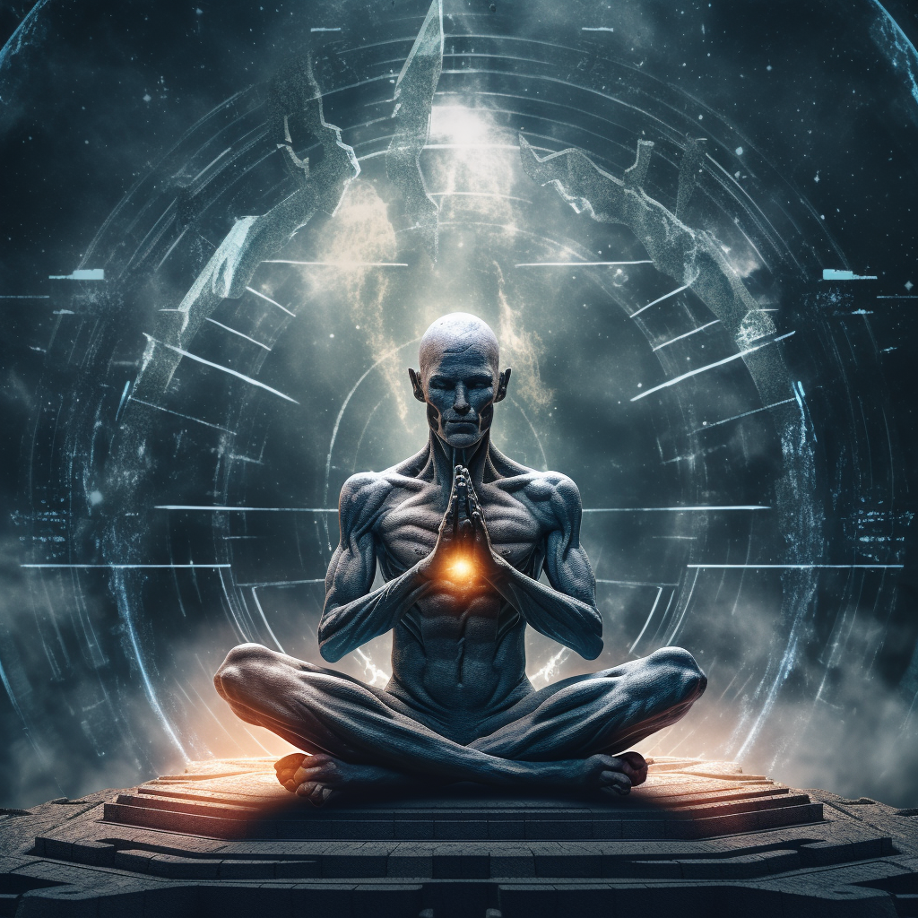 Bald humanoid meditating to the universe