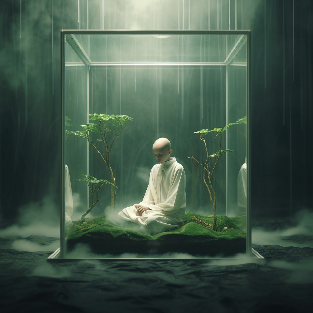 Bald Kid Meditating in Glass Box