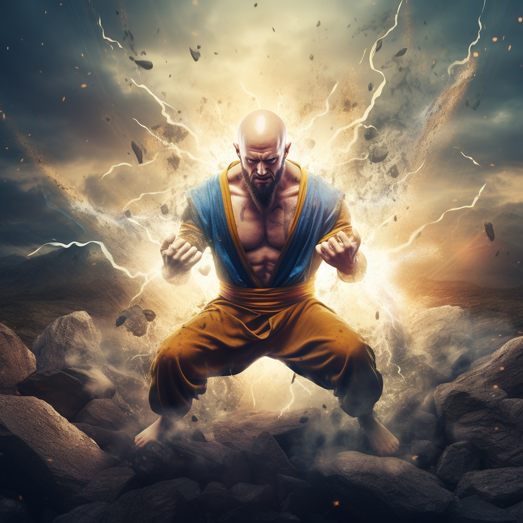 Bald man with beard transforms into Super Saiyan