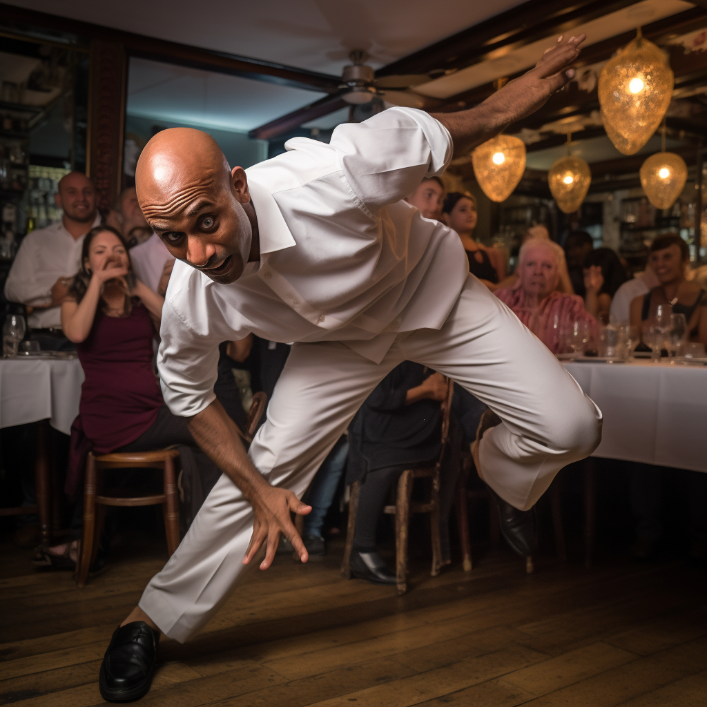 Middle-aged bald man breakdancing at Indian restaurant