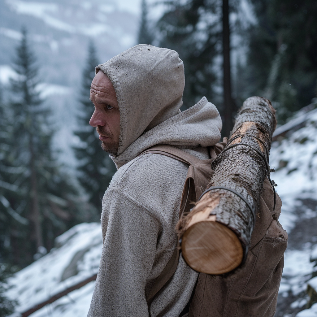 Bald man carrying log up mountain