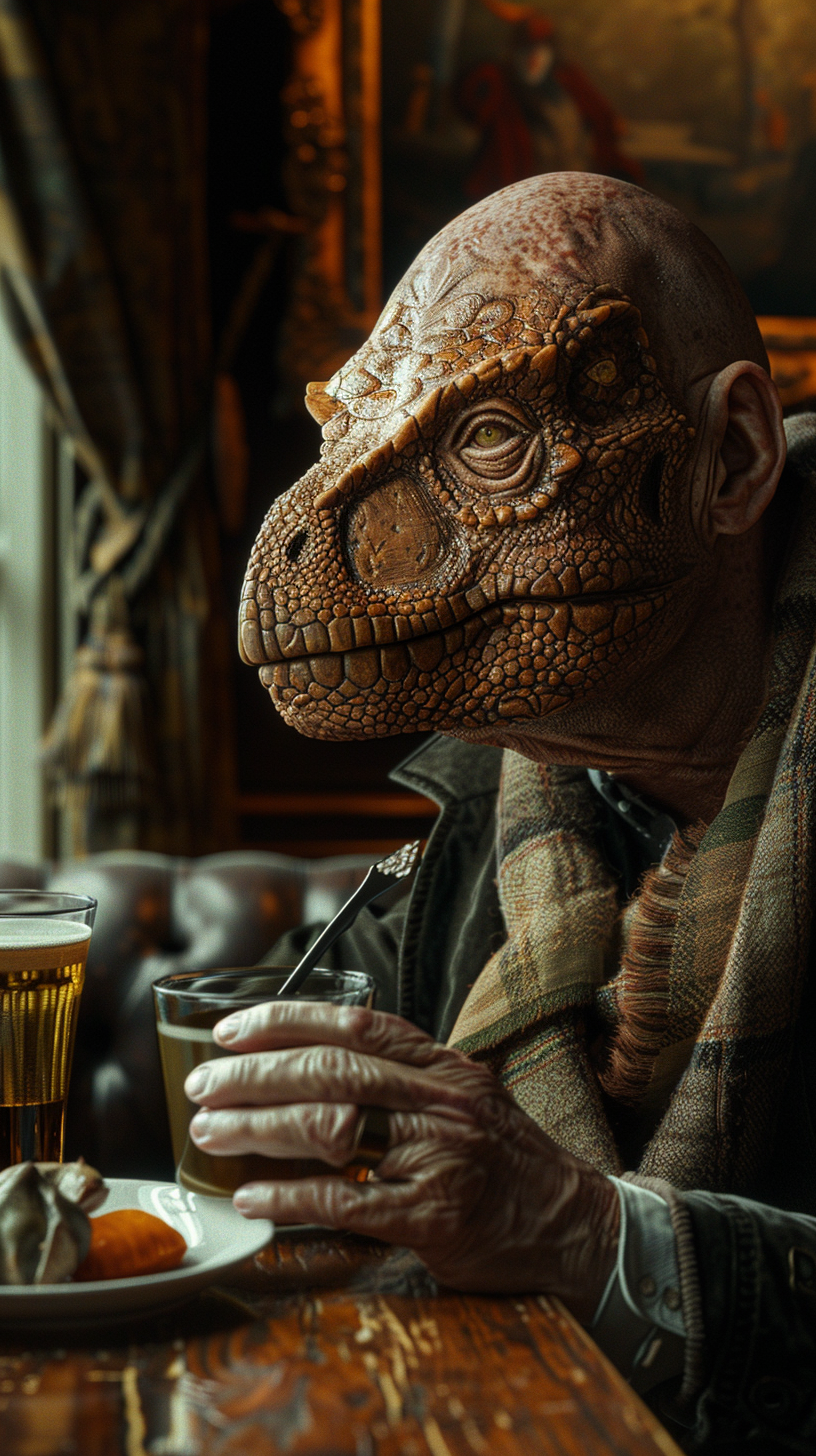 Man drinking with dinosaur body