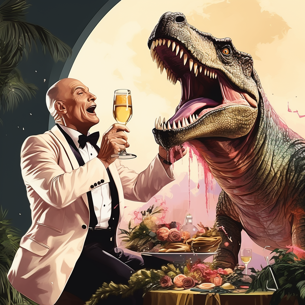 Bald man with T-Rex, celebrating with champagne