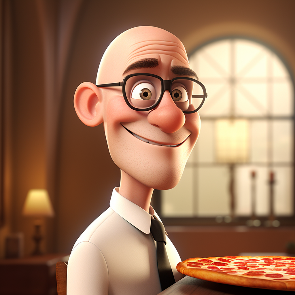 English bald man with glasses enjoying pizza